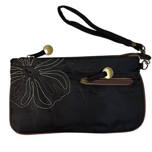 Travelon‎ Black Nylon Floral Embroidered Wristlet Clutch Wallet Organizer Bag
